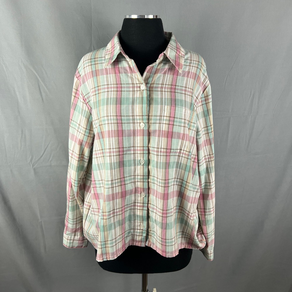 Alfred Dunner Shirt Womens 14 Multi Pastel Plaid Cotton Spread Collar Button Up